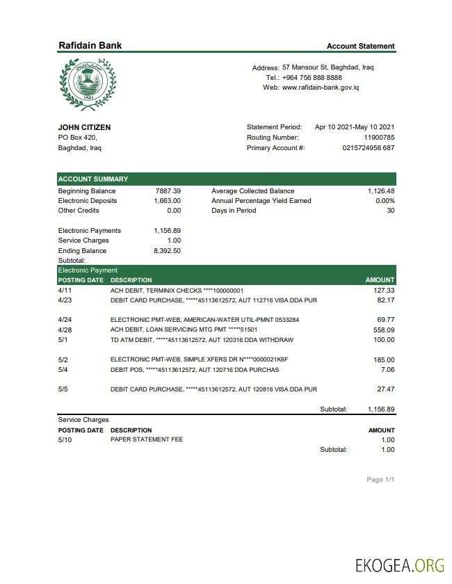 Modèle de relevé de la banque Rafidain en Irak au format de fichier .xls et .pdf